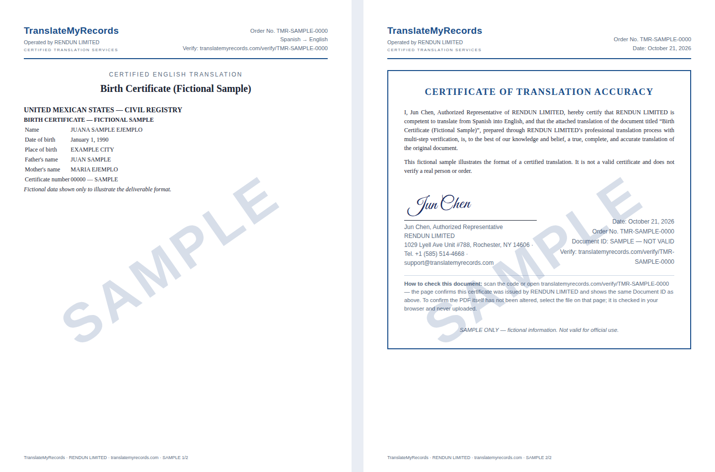 Sample certified translation deliverable: translation page and signed Certificate of Translation Accuracy